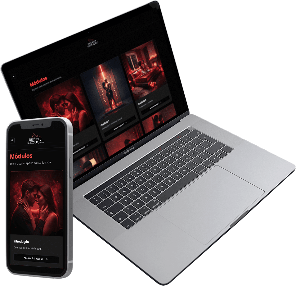 Preview dos 10 módulos da plataforma em um laptop e smartphone